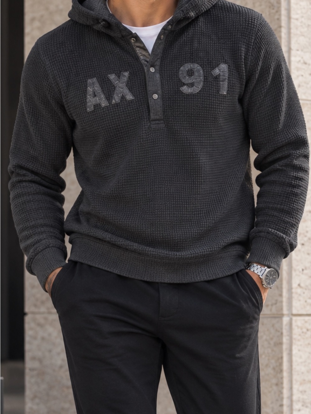 Armani Exchange Charcoal Hooded Waffle-Knit Crewneck